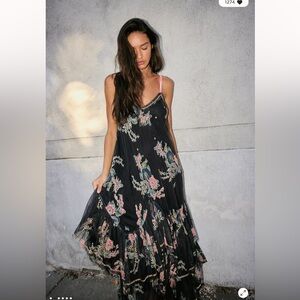 Free People Moonlit Glow Metallic Embellished Beaded Tiered Ruffed Maxi Dress